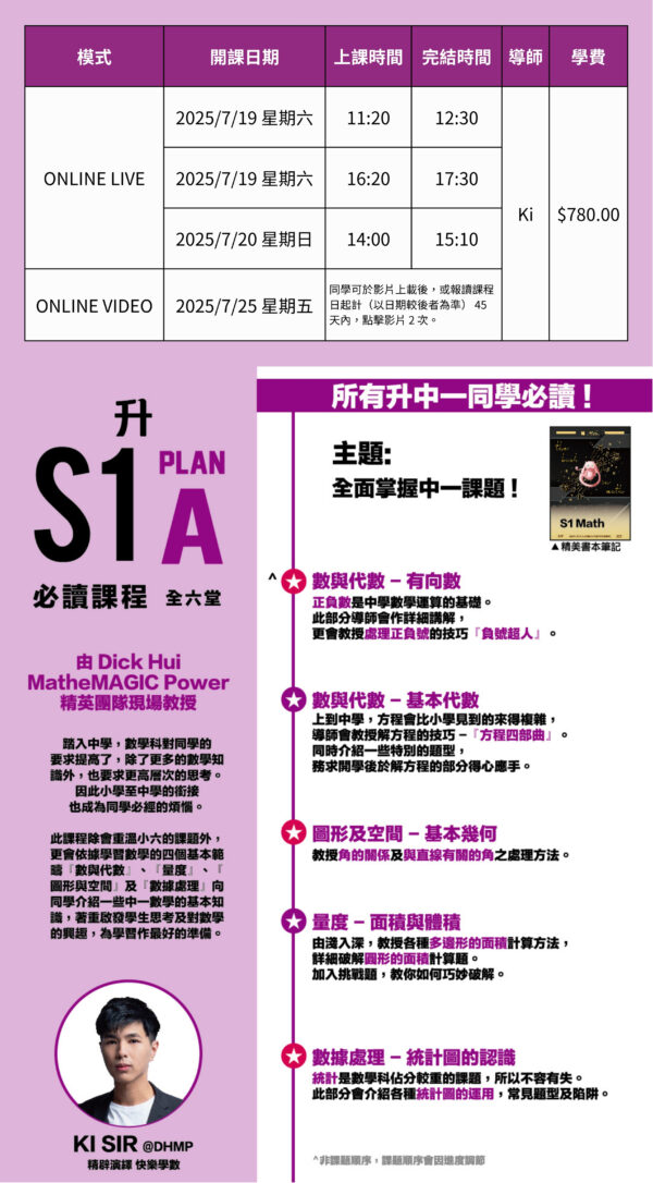 Ki Sir 升中一數學 Plan A 課程 - 快樂學數銜接中一